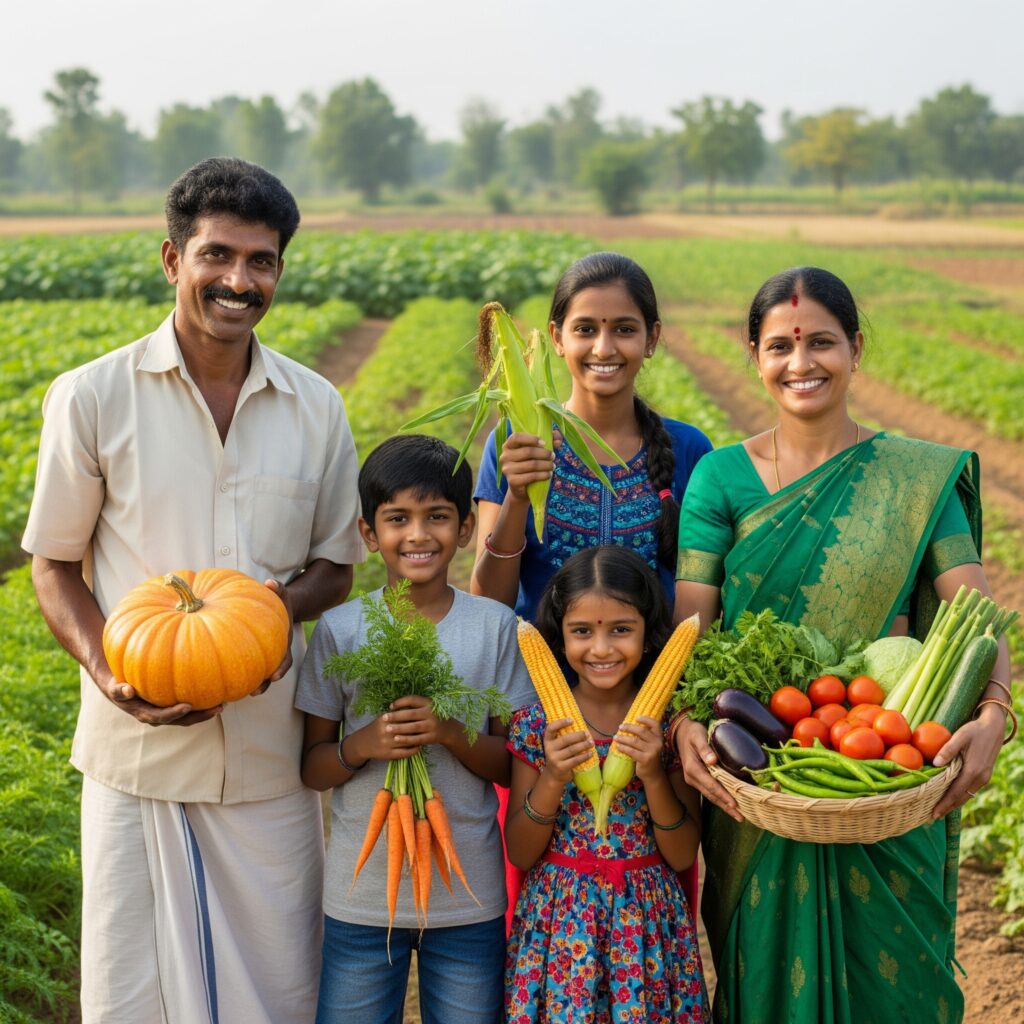 A smiling Indian farming family stands together in their field, proudly holding up a variety of fresh produce they have grown.