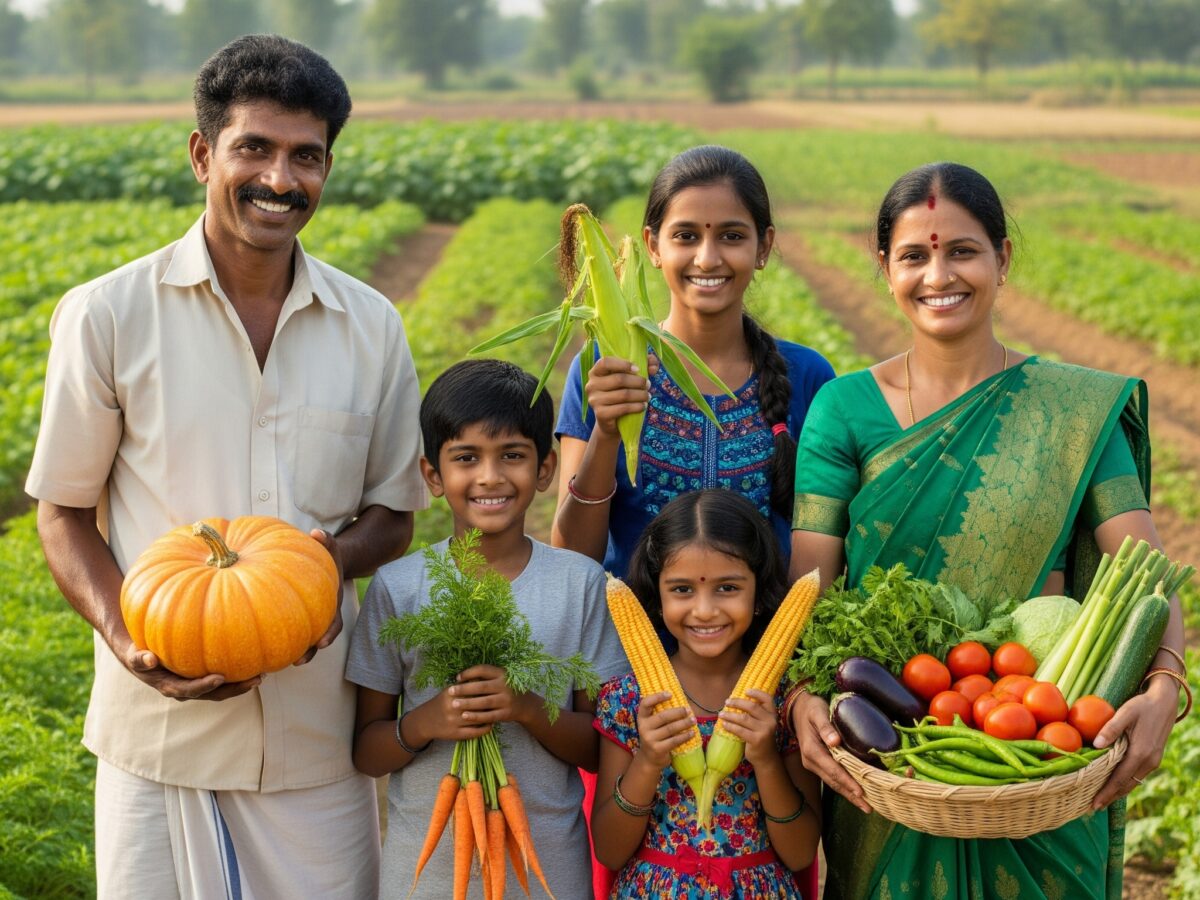 A smiling Indian farming family stands together in their field, proudly holding up a variety of fresh produce they have grown.