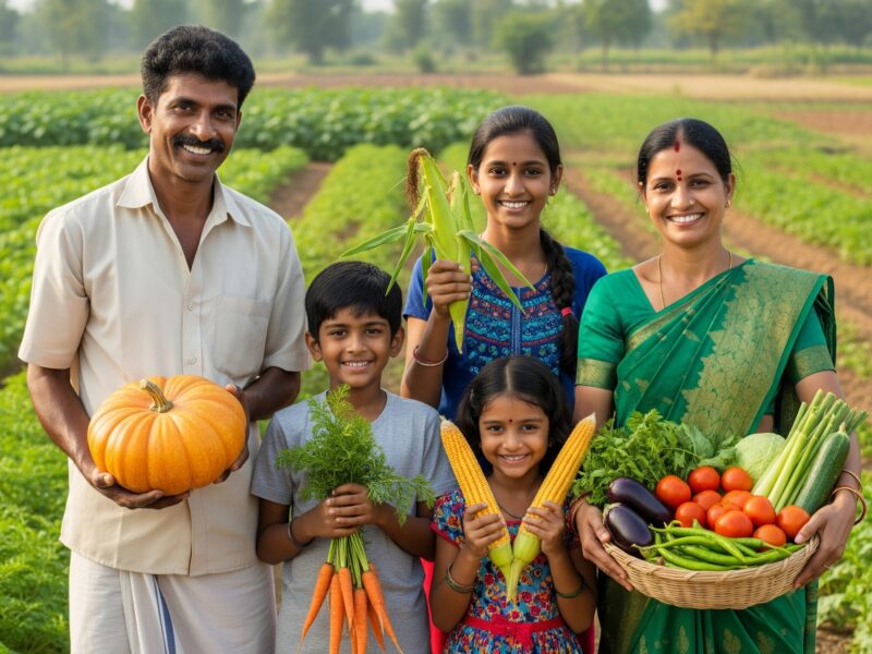 A smiling Indian farming family stands together in their field, proudly holding up a variety of fresh produce they have grown.