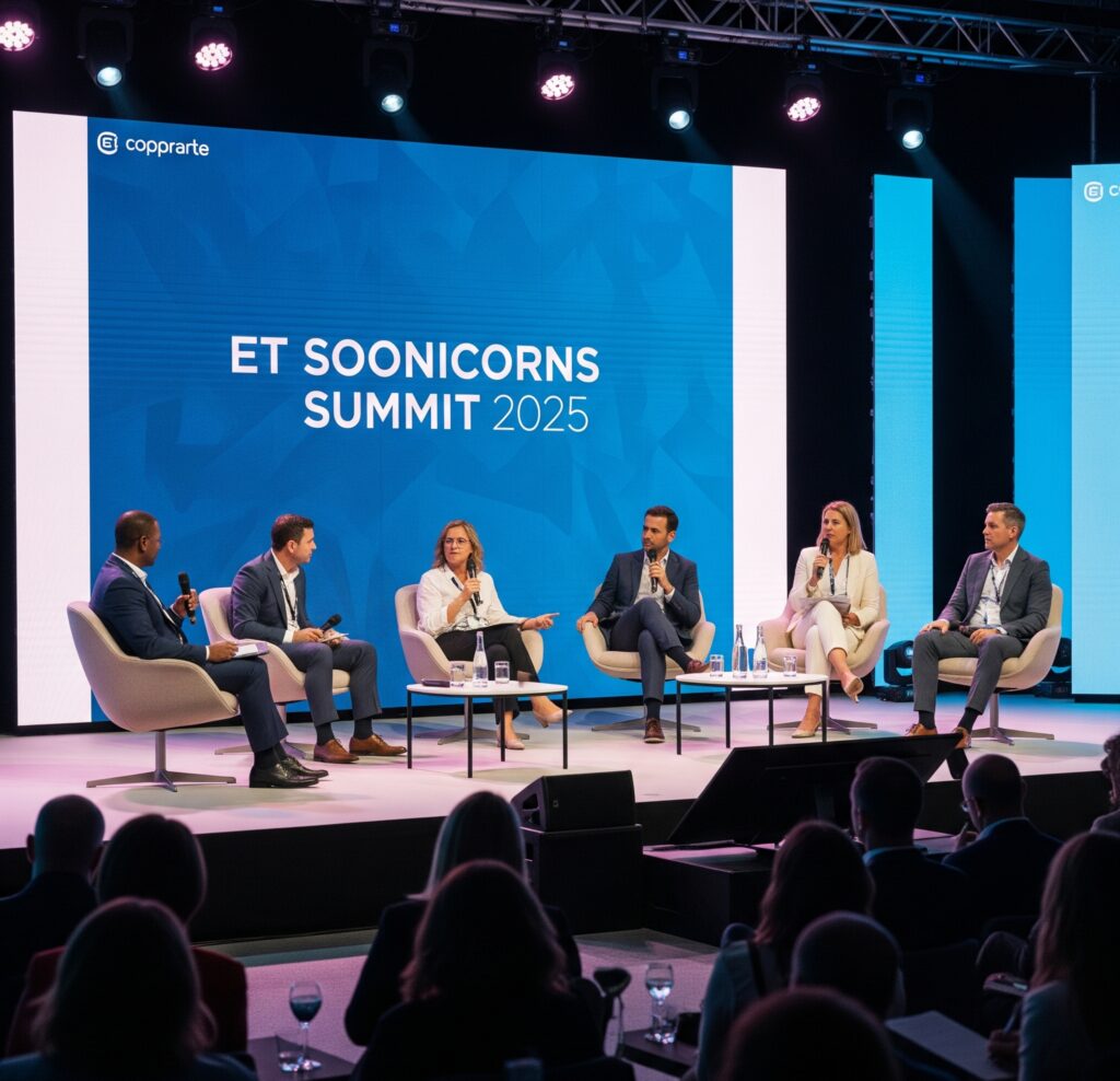 A dynamic eye-level shot of a diverse panel of speakers on a well-lit stage at a professional business summit. The large LED screen behind them displays the words "ET Soonicorns Summit 2025." Six speakers are seated at a table, engaged in a discussion. The stage is modern and the foreground shows the backs of an attentive audience.
