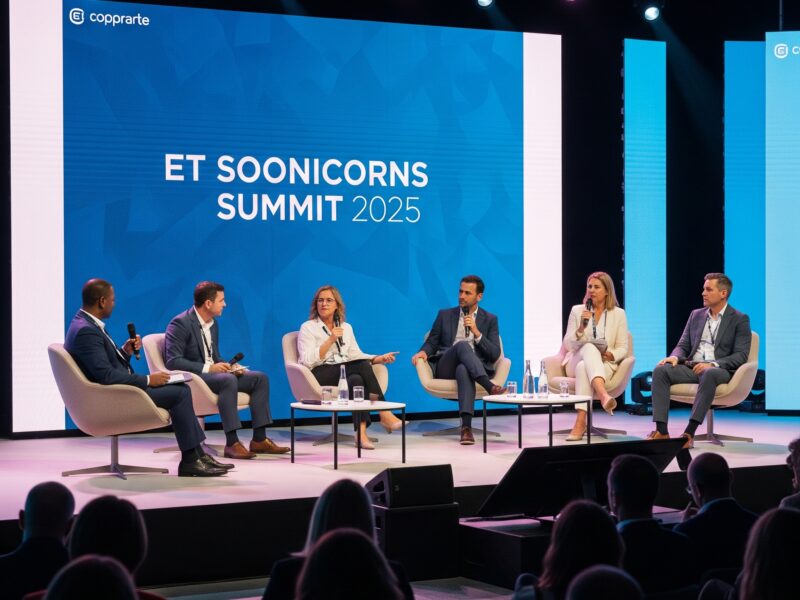 A dynamic eye-level shot of a diverse panel of speakers on a well-lit stage at a professional business summit. The large LED screen behind them displays the words "ET Soonicorns Summit 2025." Six speakers are seated at a table, engaged in a discussion. The stage is modern and the foreground shows the backs of an attentive audience.