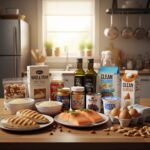 A variety of protein-rich foods and clean-label products displayed on a wooden countertop in a home kitchen. The items include grilled chicken, salmon, quinoa, eggs, peanut butter, yogurt, and various packaged goods with simple ingredients. The setting is a relatable domestic environment with warm, natural lighting.