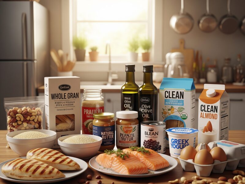 A variety of protein-rich foods and clean-label products displayed on a wooden countertop in a home kitchen. The items include grilled chicken, salmon, quinoa, eggs, peanut butter, yogurt, and various packaged goods with simple ingredients. The setting is a relatable domestic environment with warm, natural lighting.