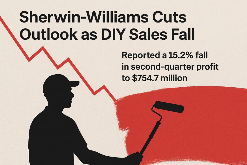 News graphic showing headline ‘Sherwin-Williams Cuts Outlook as DIY Sales Fall’ with subtext reporting a 15.2% drop in second-quarter profit to $754.7 million, alongside a red downward-trending line graph and silhouette of a painter rolling red paint.
