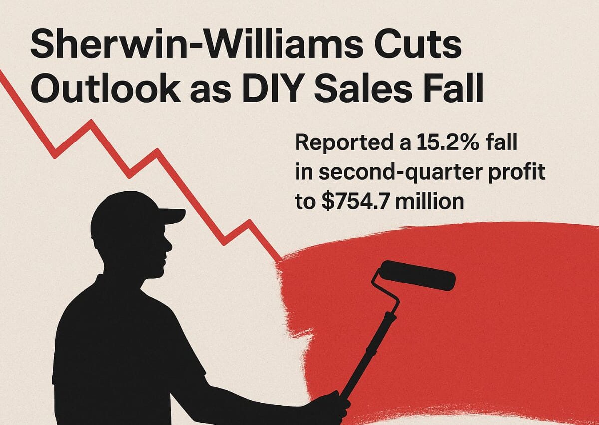 News graphic showing headline ‘Sherwin-Williams Cuts Outlook as DIY Sales Fall’ with subtext reporting a 15.2% drop in second-quarter profit to $754.7 million, alongside a red downward-trending line graph and silhouette of a painter rolling red paint.