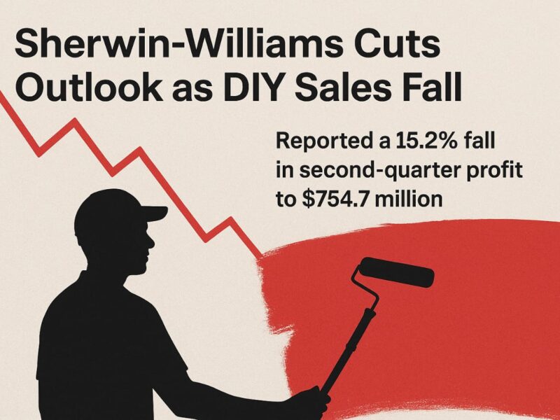 News graphic showing headline ‘Sherwin-Williams Cuts Outlook as DIY Sales Fall’ with subtext reporting a 15.2% drop in second-quarter profit to $754.7 million, alongside a red downward-trending line graph and silhouette of a painter rolling red paint.
