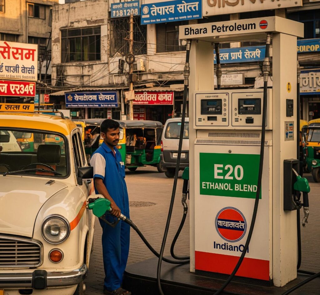 A man is filling a white and yellow car with fuel at a gas station in India. The fuel pump has an "E20 ETHANOL BLEND" sign on it. There are other cars and auto-rickshaws in the background. The scene is set in a city.