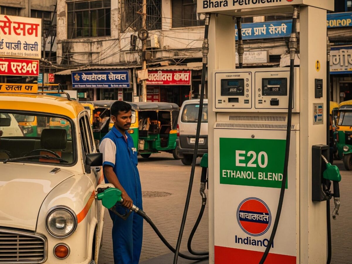 A man is filling a white and yellow car with fuel at a gas station in India. The fuel pump has an "E20 ETHANOL BLEND" sign on it. There are other cars and auto-rickshaws in the background. The scene is set in a city.