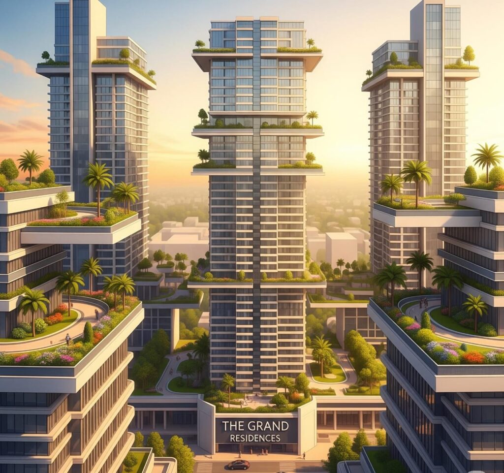 An architectural rendering of DLF's new ultra-luxury residential project in Gurugram, featuring modern high-rise buildings with landscaped sky gardens and premium amenities.