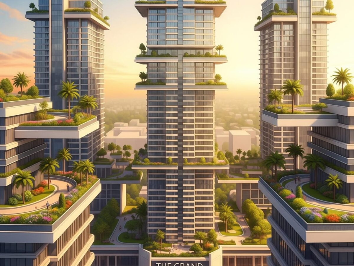 An architectural rendering of DLF's new ultra-luxury residential project in Gurugram, featuring modern high-rise buildings with landscaped sky gardens and premium amenities.