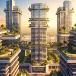 An architectural rendering of DLF's new ultra-luxury residential project in Gurugram, featuring modern high-rise buildings with landscaped sky gardens and premium amenities.