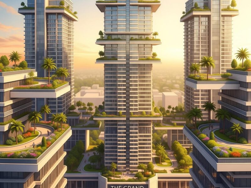 An architectural rendering of DLF's new ultra-luxury residential project in Gurugram, featuring modern high-rise buildings with landscaped sky gardens and premium amenities.