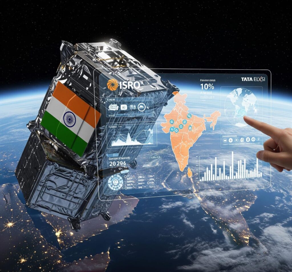 A satellite with the Indian flag orbits above the Earth, positioned over India. A holographic interface with data visualizations, a map of India, and the logos of ISRO and Tata Elxsi floats in front of it, while a hand points to a specific data point.