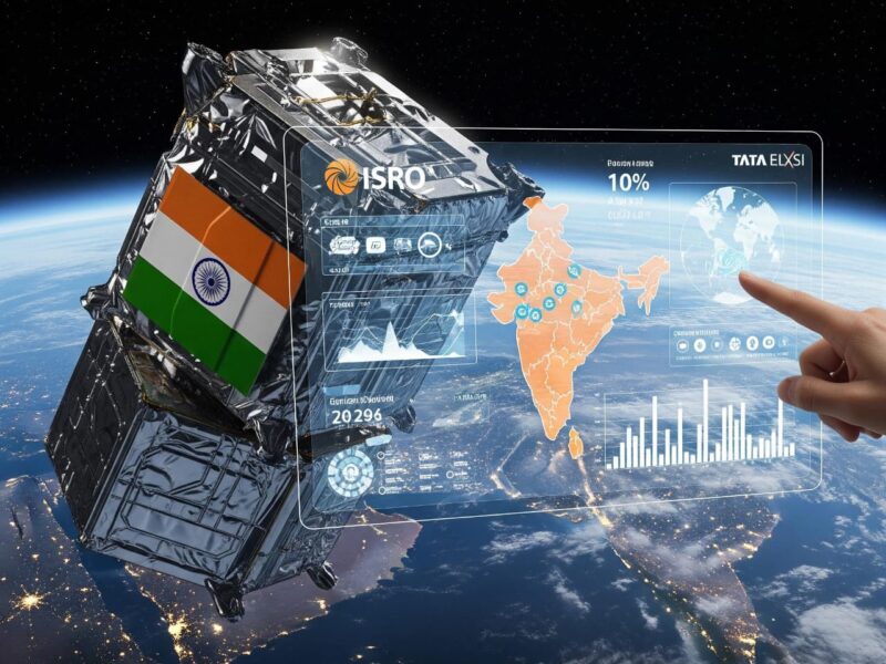 A satellite with the Indian flag orbits above the Earth, positioned over India. A holographic interface with data visualizations, a map of India, and the logos of ISRO and Tata Elxsi floats in front of it, while a hand points to a specific data point.