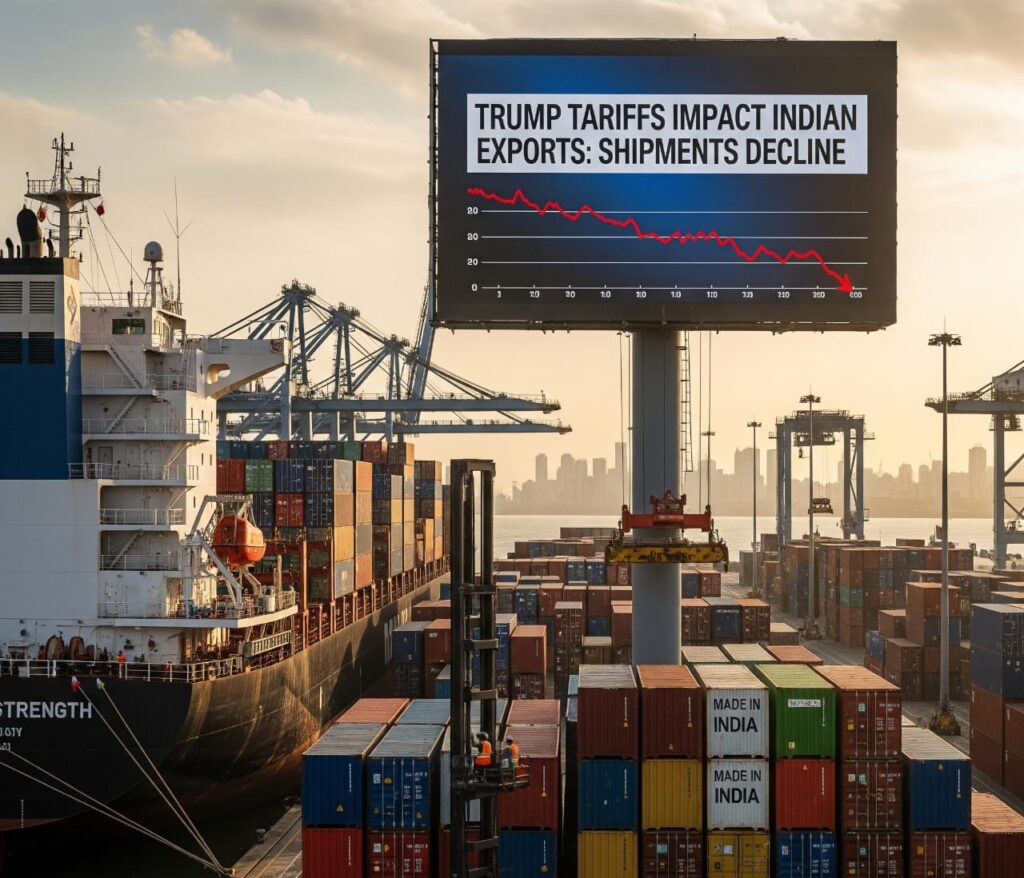 Cargo ship and shipping containers at a bustling port, with a large digital billboard in the background displaying the headline "TRUMP TARIFFS IMPACT INDIAN EXPORTS: SHIPMENTS DECLINE" and a graph showing a decline in trade.