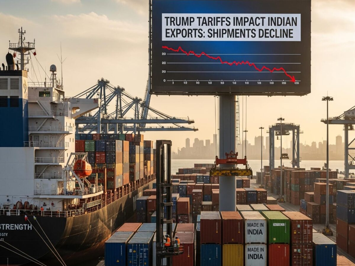 Cargo ship and shipping containers at a bustling port, with a large digital billboard in the background displaying the headline "TRUMP TARIFFS IMPACT INDIAN EXPORTS: SHIPMENTS DECLINE" and a graph showing a decline in trade.