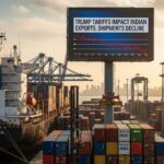 Cargo ship and shipping containers at a bustling port, with a large digital billboard in the background displaying the headline "TRUMP TARIFFS IMPACT INDIAN EXPORTS: SHIPMENTS DECLINE" and a graph showing a decline in trade.