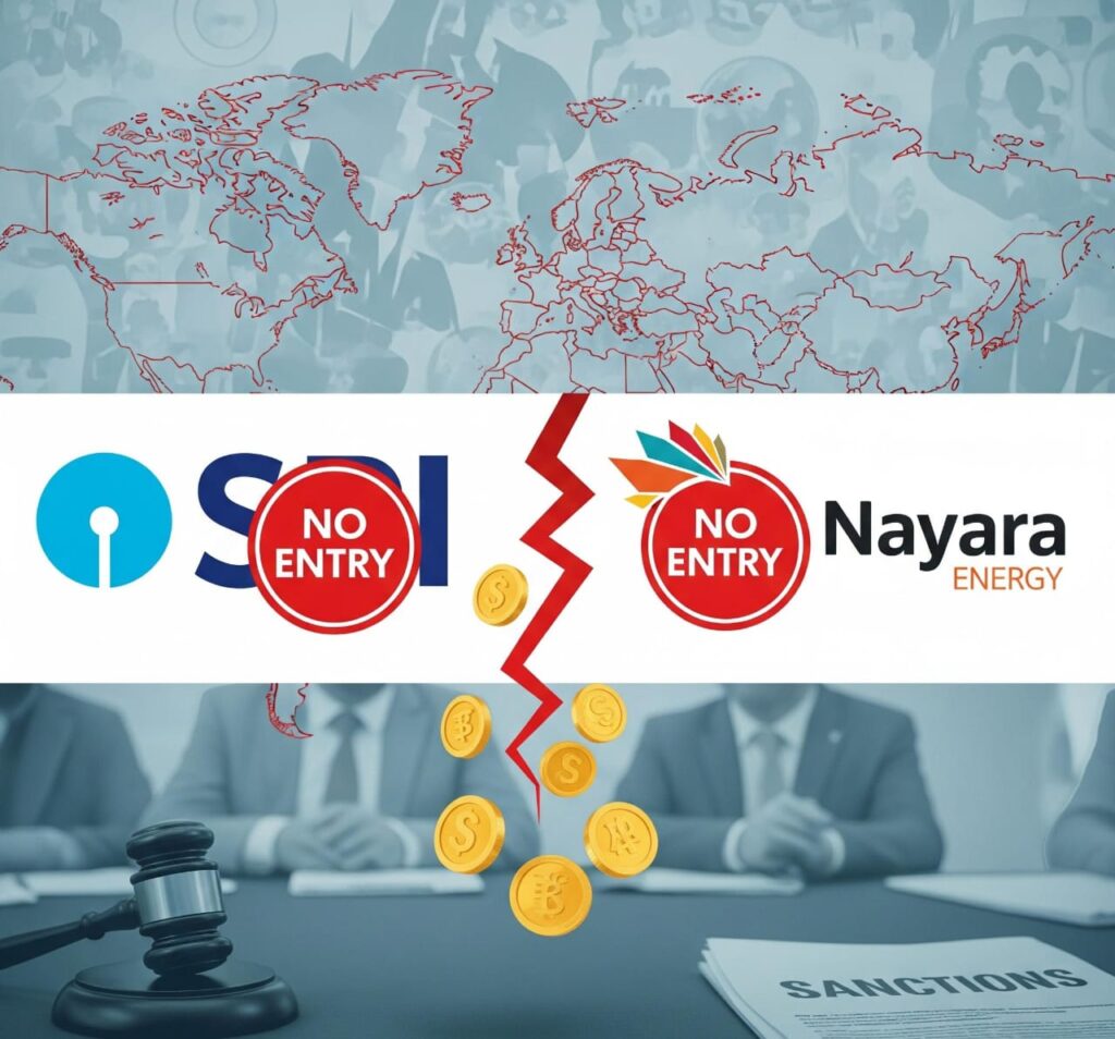 A detailed graphic representing the halting of financial transactions. The central image shows a broken red lightning bolt separating the logos of SBI and Nayara Energy, both of which are overlaid with a red circle 'NO ENTRY' symbol. Gold currency coins are falling from the break. The top half of the image features a stylized, light blue world map with red borders and blurred silhouettes of people. The bottom half shows a gavel and a document labeled 'SANCTIONS' on a table, with the blurred figures of people in the background.