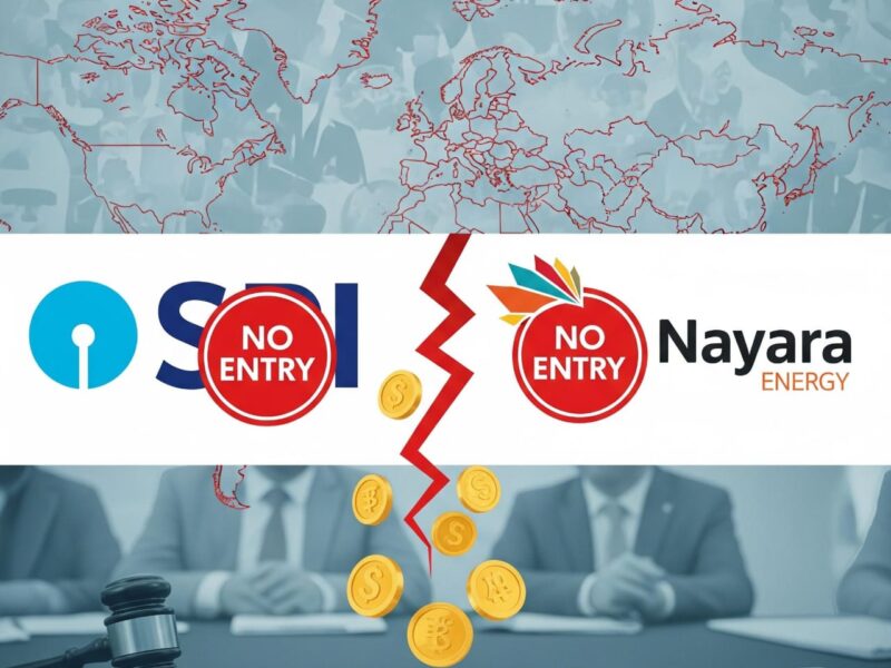 A detailed graphic representing the halting of financial transactions. The central image shows a broken red lightning bolt separating the logos of SBI and Nayara Energy, both of which are overlaid with a red circle 'NO ENTRY' symbol. Gold currency coins are falling from the break. The top half of the image features a stylized, light blue world map with red borders and blurred silhouettes of people. The bottom half shows a gavel and a document labeled 'SANCTIONS' on a table, with the blurred figures of people in the background.