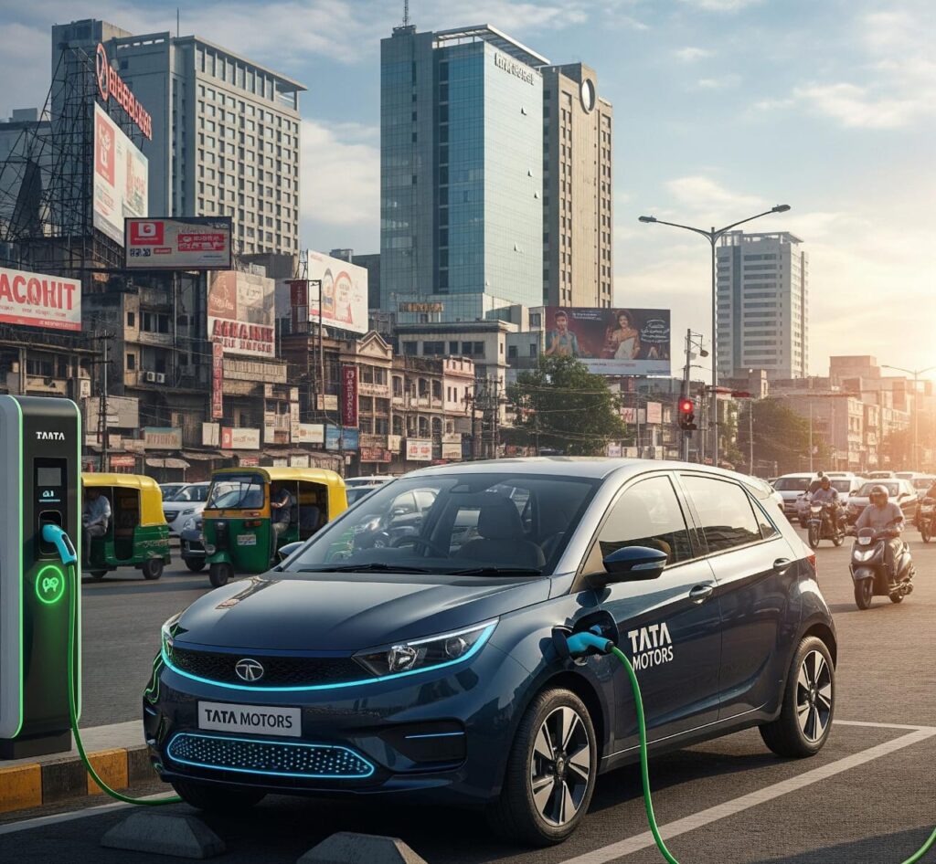A modern Tata Motors electric hatchback, with a sleek design and a charging port visible, is parked at a fast-charging station in a bustling Indian city, symbolizing the company's push for sustainable, accessible mobility for the mass market.