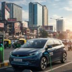 A modern Tata Motors electric hatchback, with a sleek design and a charging port visible, is parked at a fast-charging station in a bustling Indian city, symbolizing the company's push for sustainable, accessible mobility for the mass market.