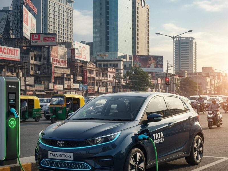 A modern Tata Motors electric hatchback, with a sleek design and a charging port visible, is parked at a fast-charging station in a bustling Indian city, symbolizing the company's push for sustainable, accessible mobility for the mass market.