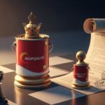 A conceptual image showing a large Asian Paints can, stylized as a king chess piece, facing a smaller competitor paint can, stylized as a pawn, on a chessboard with a legal document acting as a boundary.