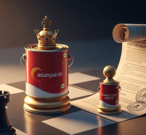 A conceptual image showing a large Asian Paints can, stylized as a king chess piece, facing a smaller competitor paint can, stylized as a pawn, on a chessboard with a legal document acting as a boundary.