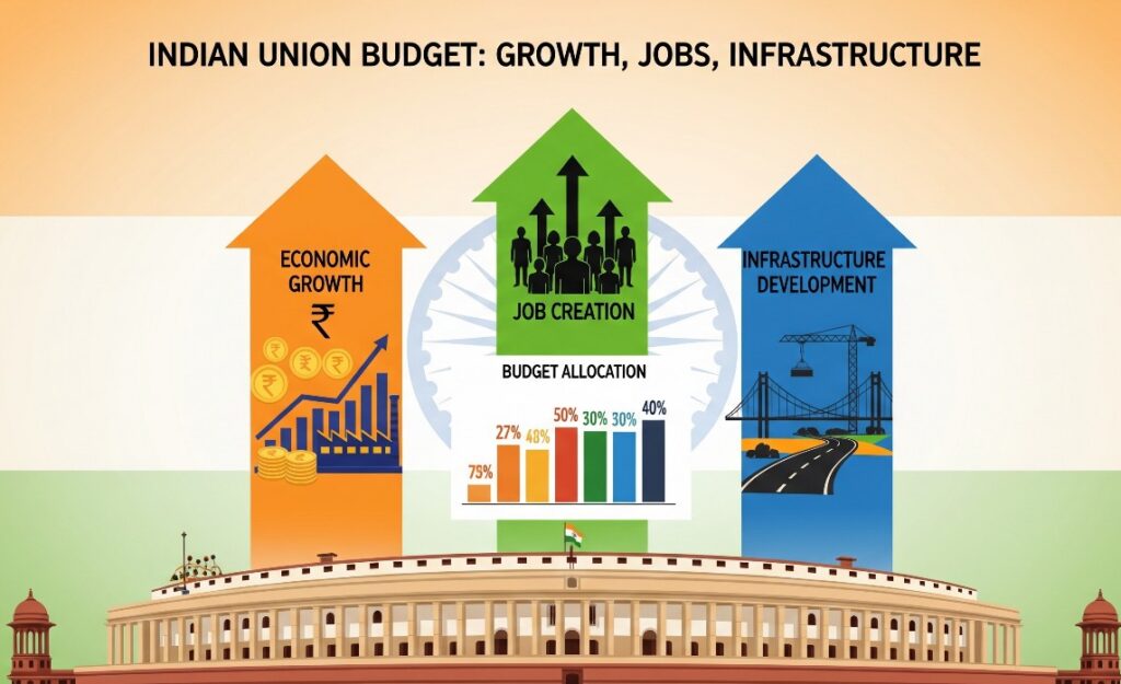 A visual representation of the Indian Union Budget, featuring a stylized graphic of the Parliament building with three upward-trending arrows for Economic Growth, Job Creation, and Infrastructure Development.