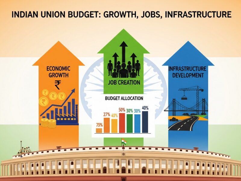 A visual representation of the Indian Union Budget, featuring a stylized graphic of the Parliament building with three upward-trending arrows for Economic Growth, Job Creation, and Infrastructure Development.