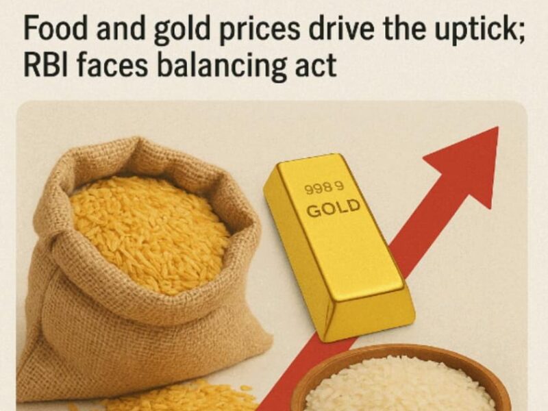 A graphic showing a jute sack of rice, a bowl of rice, and a gold bar. A large red upward-pointing arrow passes behind them, symbolizing the rise in inflation. The headline "INFLATION REBOUNDS TO 2.1% AFTER MONTHS OF DECLINE" and the sub-headline "Food and gold prices drive the uptick; RBI faces balancing act" are at the top. The image visually represents the article's focus on rising inflation driven by food and gold prices in India.