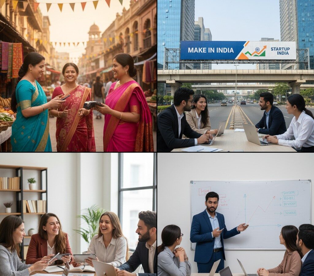 A collage of images showing Indian women and youth in both traditional marketplaces and modern office settings, representing economic participation and growth.