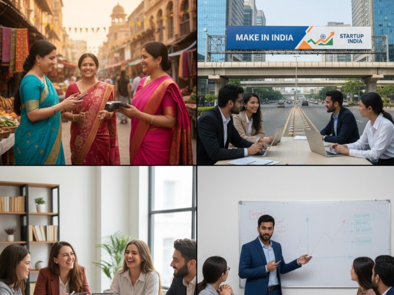 A collage of images showing Indian women and youth in both traditional marketplaces and modern office settings, representing economic participation and growth.