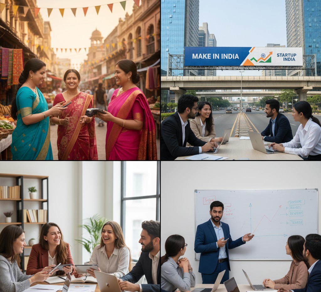 A collage of images showing Indian women and youth in both traditional marketplaces and modern office settings, representing economic participation and growth.