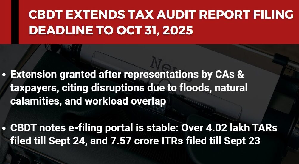 CBDT Extends Deadline for Tax Audit Reports to 31st October 2025