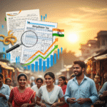 A vibrant image symbolizing economic revival in India, showing smiling people in a market with a stylized tax form and upward-trending graphs in the background.
