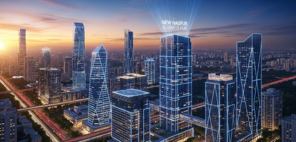 An aerial shot of a modern city skyline at dusk, with glowing lights and futuristic buildings, representing the planned 'New Nagpur' business hub.