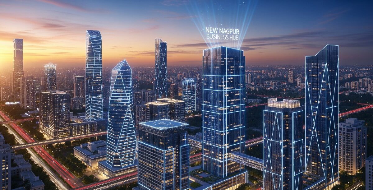 An aerial shot of a modern city skyline at dusk, with glowing lights and futuristic buildings, representing the planned 'New Nagpur' business hub.