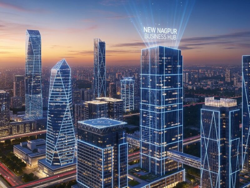 An aerial shot of a modern city skyline at dusk, with glowing lights and futuristic buildings, representing the planned 'New Nagpur' business hub.