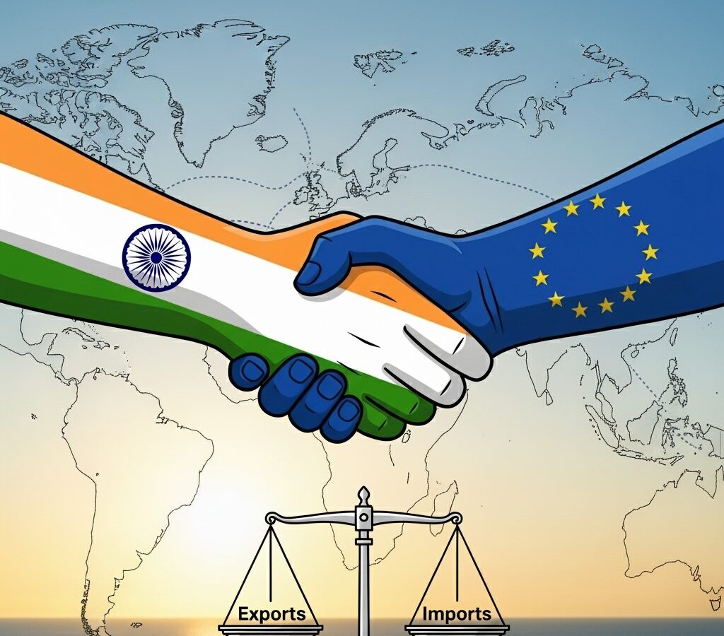 handshake between a hand with the Indian flag and a hand with the EU flag, symbolizing a trade agreement, with a balance scale showing equal exports and imports.