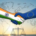  handshake between a hand with the Indian flag and a hand with the EU flag, symbolizing a trade agreement, with a balance scale showing equal exports and imports.