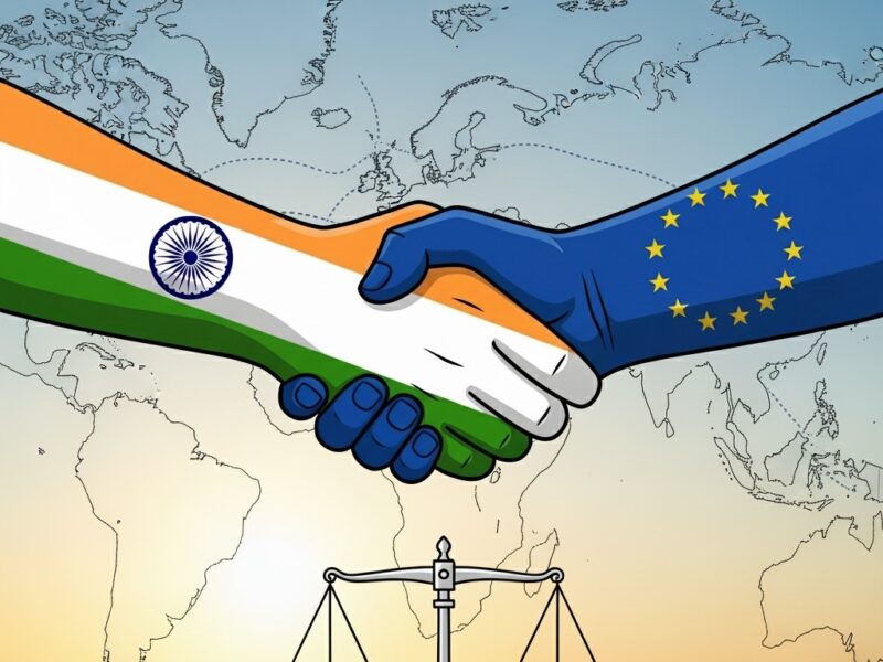 handshake between a hand with the Indian flag and a hand with the EU flag, symbolizing a trade agreement, with a balance scale showing equal exports and imports.