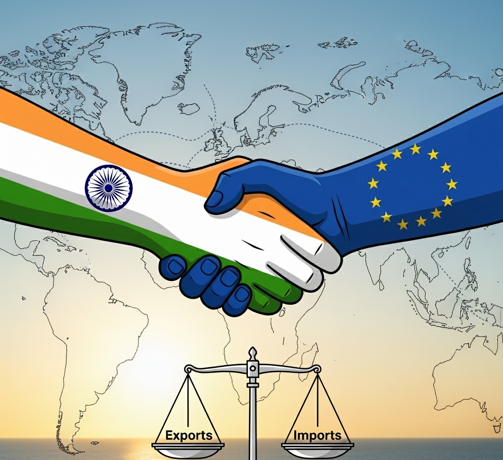 handshake between a hand with the Indian flag and a hand with the EU flag, symbolizing a trade agreement, with a balance scale showing equal exports and imports.