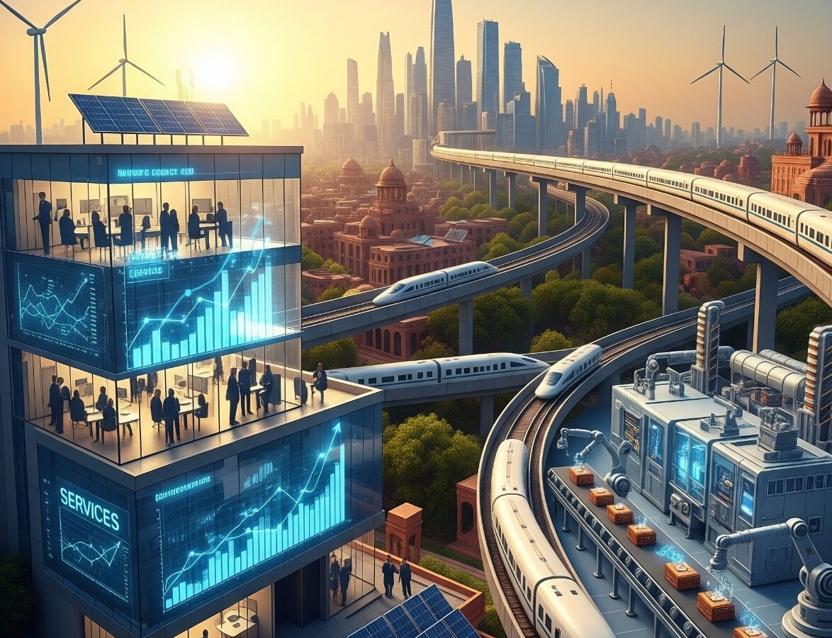 A vibrant visual representation of India's economic growth, showcasing modern buildings for the services sector, a factory for manufacturing, and a high-speed rail network for infrastructure, all under a bright sunrise.