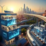 A vibrant visual representation of India's economy growth, showcasing modern buildings for the services sector, a factory for manufacturing, and a high-speed rail network for infrastructure, all under a bright sunrise.