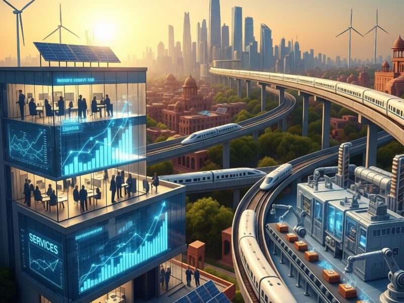 A vibrant visual representation of India's economic growth, showcasing modern buildings for the services sector, a factory for manufacturing, and a high-speed rail network for infrastructure, all under a bright sunrise.