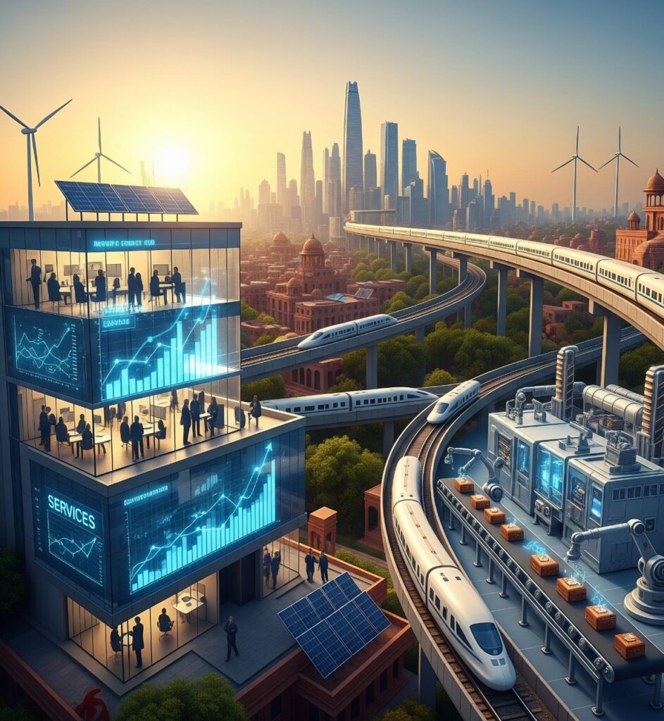 A vibrant visual representation of India's economic growth, showcasing modern buildings for the services sector, a factory for manufacturing, and a high-speed rail network for infrastructure, all under a bright sunrise.